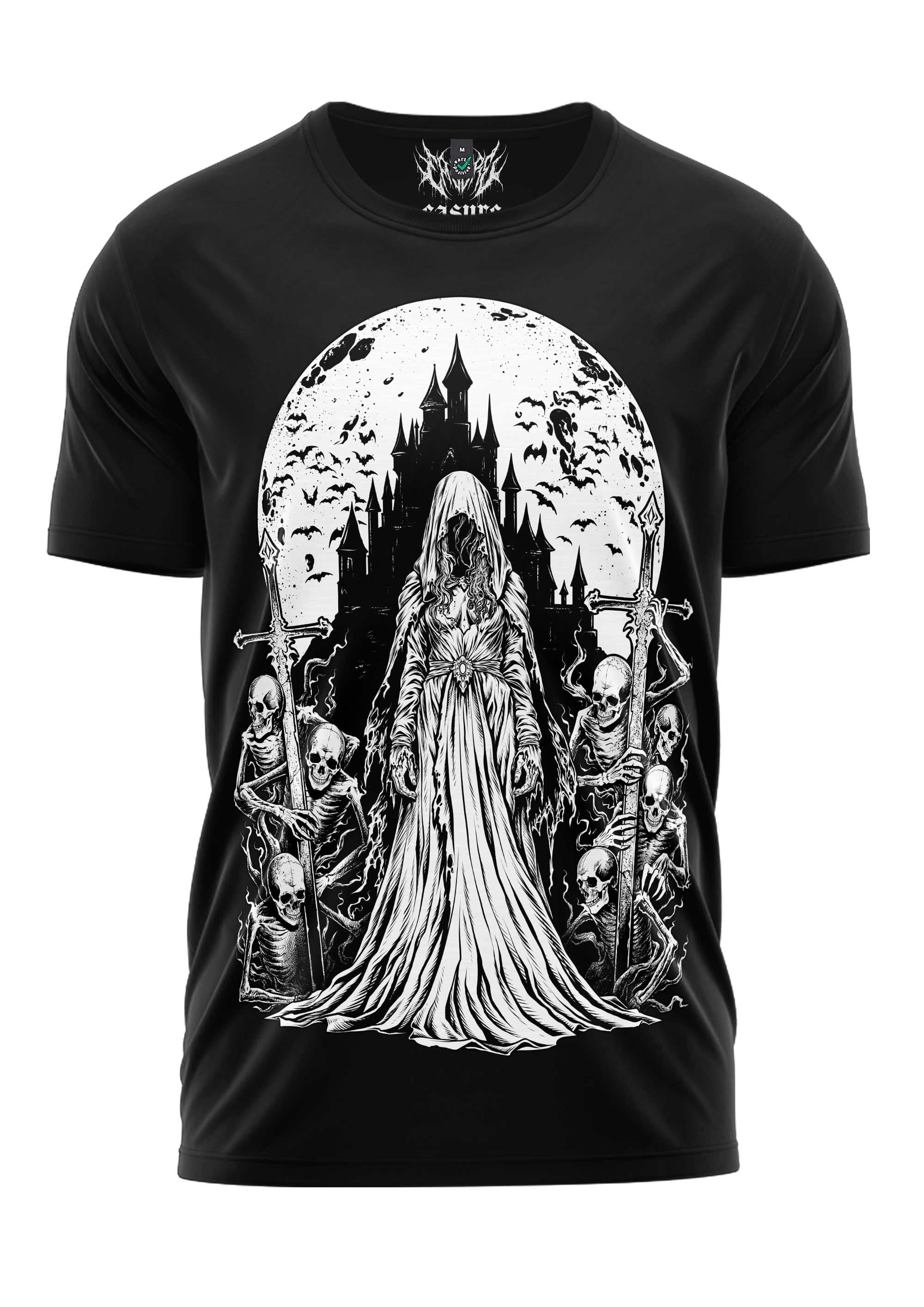 Schweres Unisex T-Shirt Princess of Death mit Kapuzenfigur, Skeletten und Mond